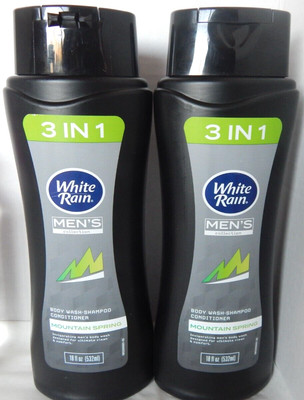 New 2x Men's White Rain Mountain Spring 3 in 1 Body Wash, Shampoo, Conditioner