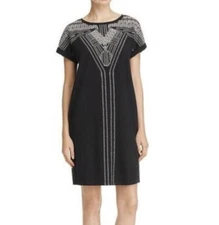 Nic + Zoe Embroidered Cotton Shift Shirt Dress Pockets Size XS Black LBD