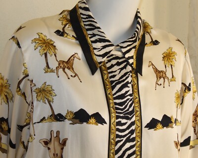 Jessica Holbrook Sz L Silk Charmeuse ANIMAL GIRAFFE Printed Blouse