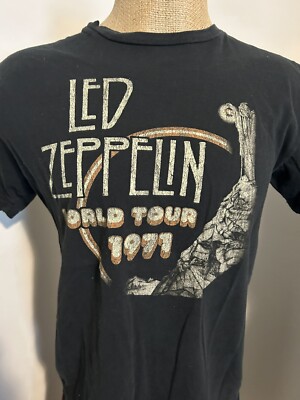 ☑️ Vintage Led Zeppelin Black T-Shirt World Tour 1971 No Tag