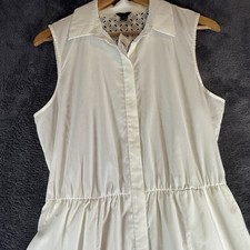 Ann Taylor White Cotton Eyelet Sleeveless Collared Button Front Midi Dress MT