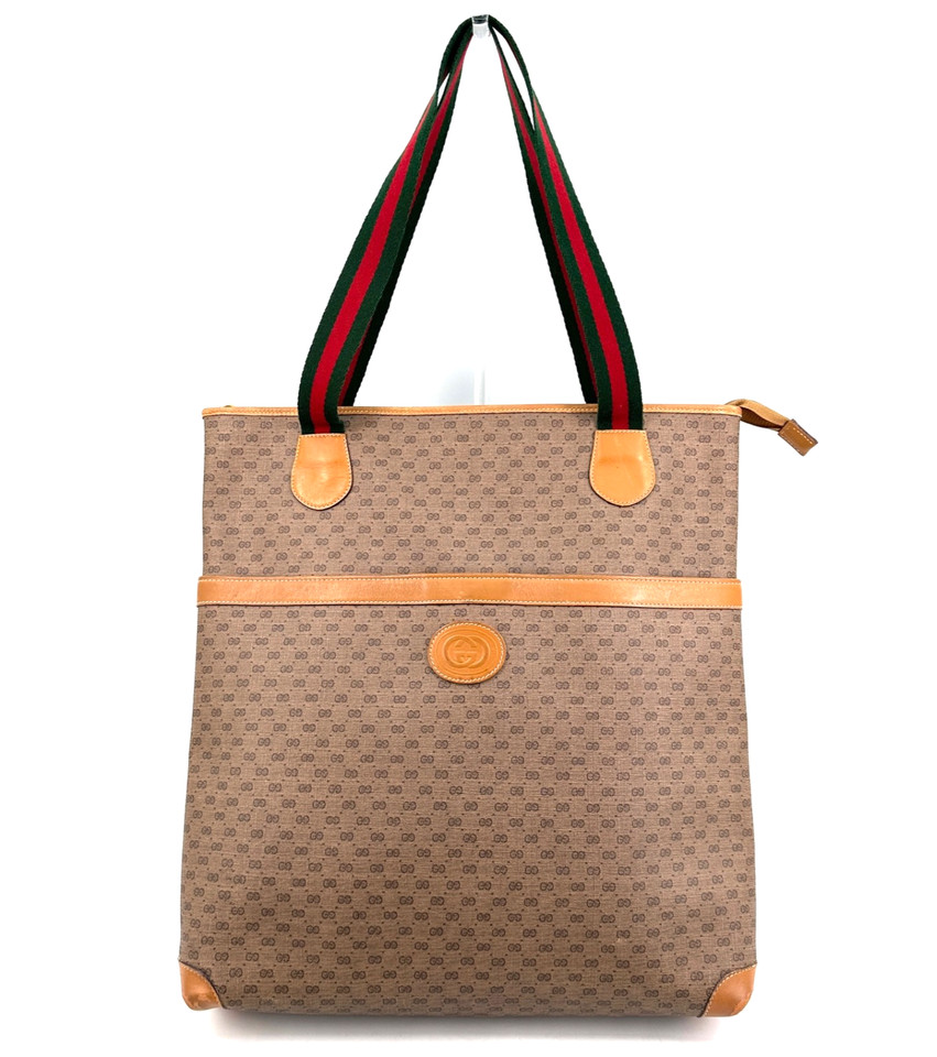 Vintage GUCCI Micro GG Tote Bag PVC Leather Sherry Line Handle Beige Authentic