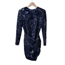 House of CB Annora Long Sleeve Sequin Velvet Bodycon Mini Dress Dark Blue Small