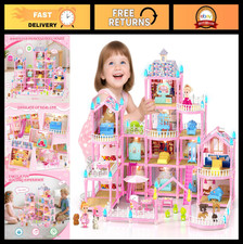 4-Story Dollhouse for Girls - 15 Rooms, Lights, Furniture  Dolls - Pretend Play