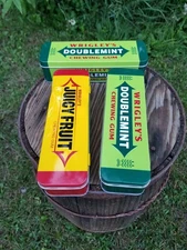 Lot 3 Metal Wrigley's Doublemint Juicy Fruit Chewing Gum Tin Containers 6 1/2'