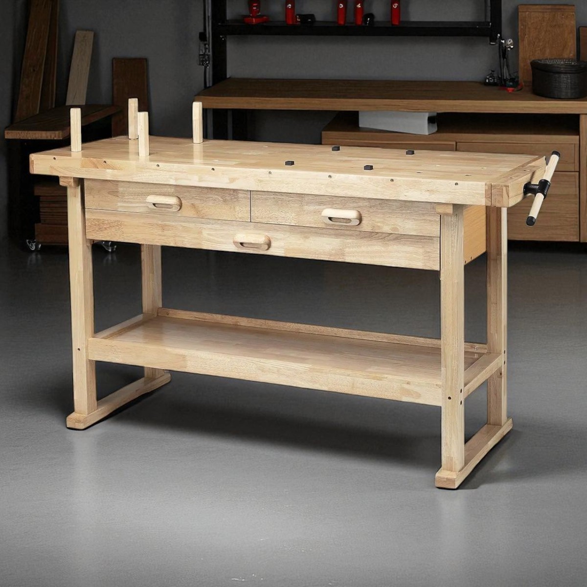 Workbench 60 in. 3-Drawer Hardwood Work Bench Wood Block Vise