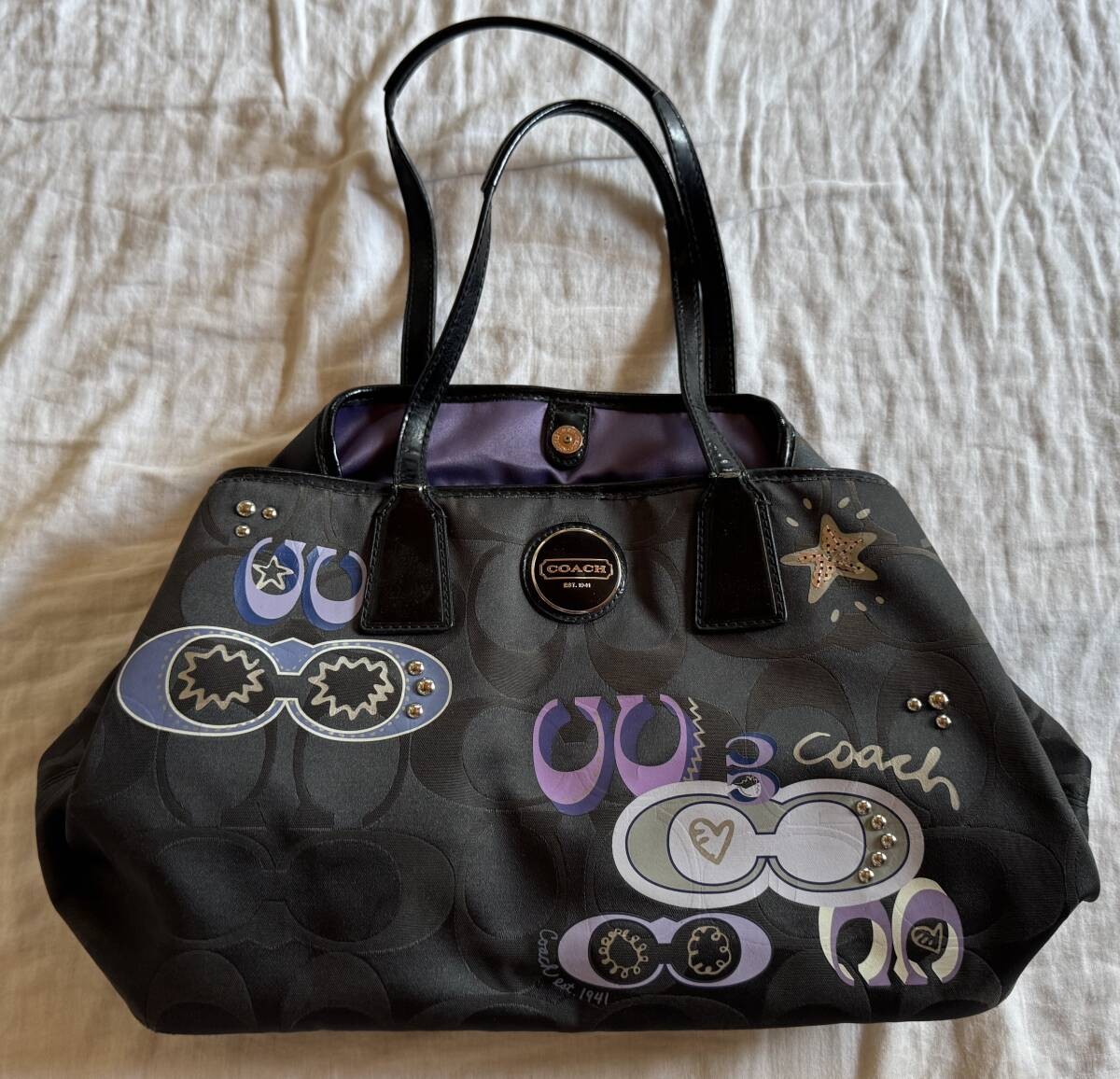 Coach handbag, black, painted, black, used, simple