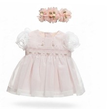 New Will'beth Pink Overlay Smocked Puff Slv Dress Preemie Baby Girl  headband