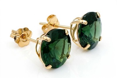 GENUINE 3.78 Cts GREEN TOURMALINE STUD EARRINGS 14K GOLD - Free Certificate -NWT