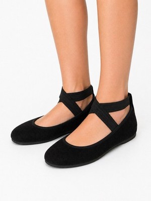 SO Suede Ballerina Flats Black Mary Jane Elastic Strap Womens Size 6.5 Comfort