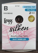 L'eggs Silken Mist Pantyhose Tights Control Top Silky Sheer B Sun Beige 2 Pair