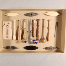 Antique Sewing Lot Collection Bobbins Tatting Shuttles Sterling Silver Awl