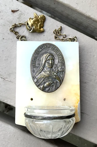 Vintage French Marble HOLY WATER FONT St Theresa Pensive Angel DOORWAY