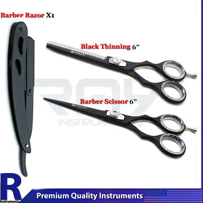 Black Barber Hairdressing Scissor Thinning Hair Cutting Shears 6'' Set with Razor