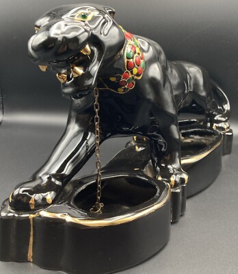 Vintage MCM Black Panther Ceramic Dresser Vanity Caddy Planter