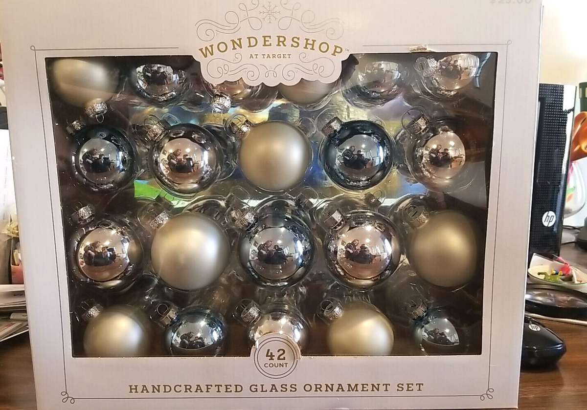 42 ct) WONDERSHOP HANDCRAFT GLASS SILVER CHRISTMAS TREE ORNAMENT