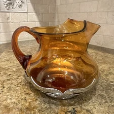 Vintage Farber Bros Cambridge Amber Glass Metal Krome Kraft Creamer 5" Tall