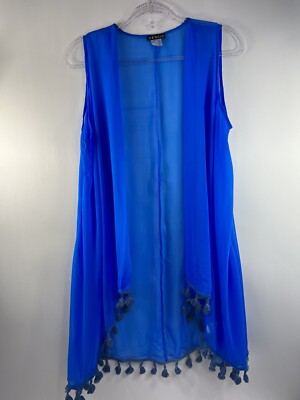 Venus Cover up Blouse Women's Sz L/XL Blue Sleeveless Wrap Open Front Tassels