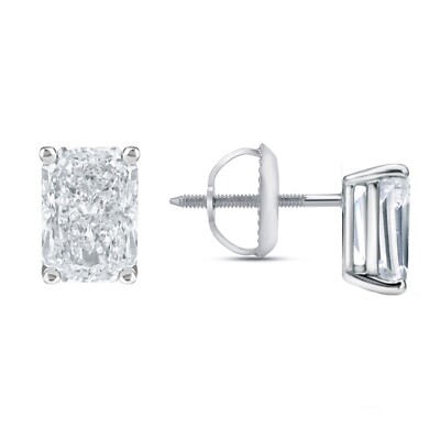 Lab Created Grown Diamond 1 Ct Radiant Earrings Solid 14K White Gold E/VVS Screw