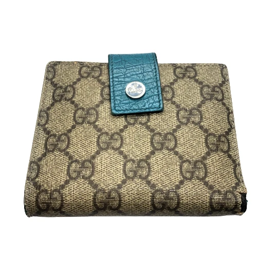 Autentico portafoglio di design GUCCI marrone in tela e pelle verde acqua