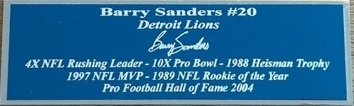 Barry Sanders Autograph Nameplate Detroit Lions Helmet Photo Football Jersey