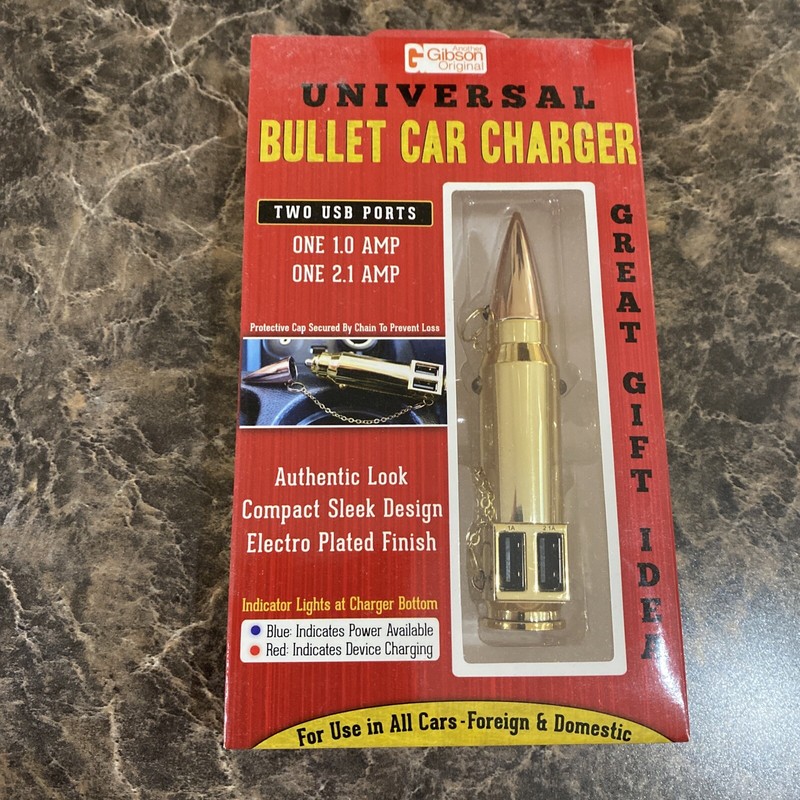 Gibson Universal Bullet Car Charger 2 USB Ports Plated Finish Authentic Look 