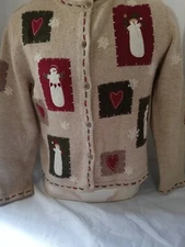 Women Christmas Cardigan Croft&Barrow Sz Med  Wool Angora Ramie Snowman Holiday