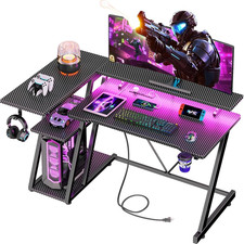 40 Inch Gaming Desk with Power Outlet  LED Lights, L Shaped Computer Gaming Tab