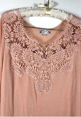 Boho Dress Women s J. Gee Peach Flounce Sleeves With Lace Crochet Neckline Large