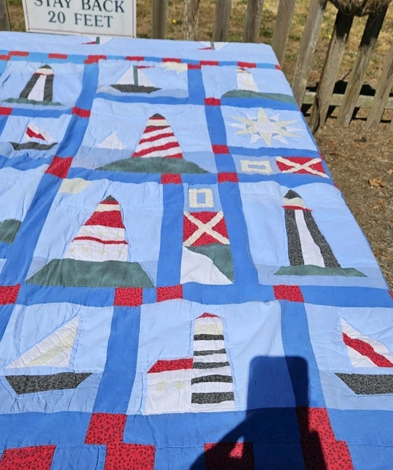   Nautical Boats And Lighthouse Quilt.   86 × 86 - Image 2 of 4
