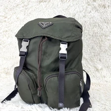 PRADA Nylon Backpack Khaki Unisex Triangular Logo Double Pocket Authentic