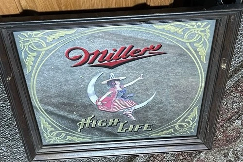 Vtg 1980 Miller High Life Girl Witch on the Moon  Beer Mirror Bar Sign 19" X 19"