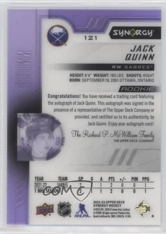 2022-23 Upper Deck Synergy Rookies Purple /49 Jack Quinn #121 Rookie Auto RC - Image 2 of 2