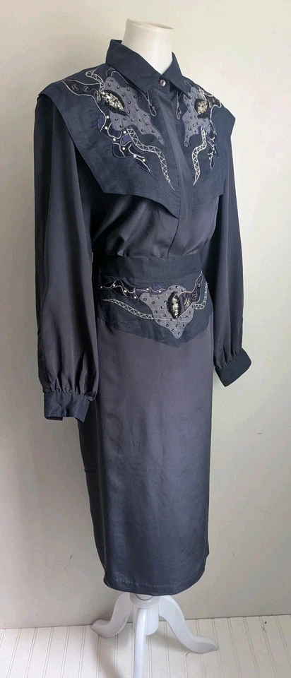 Conjunto Blusa Falda De Colección Años 80 90 Seda Lino Abstracto Retro NewWave Cuentas Anne French Foto 2 de 4