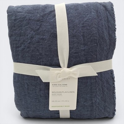 Pottery Barn Belgian Flax Linen Double Flange Duvet Cover King Cal King Denim