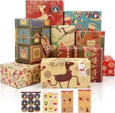 12 Sheets Christmas Wrapping Paper, Vintage Kraft Gift Wrapping Paper with Mixed