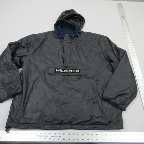 Vintage Tommy Hilfiger Jacket Mens Large Black Hooded Anorak Fleece Lined 90s by Tommy Hilfiger, Size L, $34.99