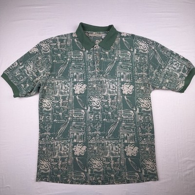 Vintage Bugle Boy Company Mens L Polo Shirt Green Abstract Hawaiian Surf 90s