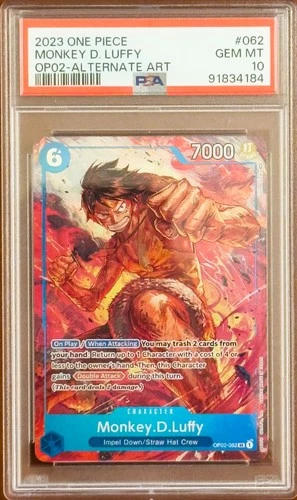 2023 ONE PIECE OP02-PARAMOUNT WAR ALTERNATE ART #062 MONKEY D. LUFFY PSA 10