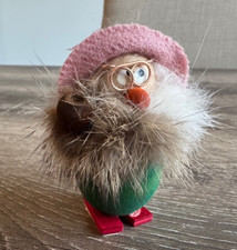 Wooden Gnome Elf with Pipe Ornament Felt Fur 2.5" Made In Poland