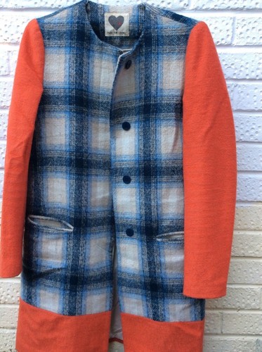 MADE FOR LOVING Wool Collarless Coat Tommy Checks 8 / 36  Orange Blue Beige - Picture 1 of 5