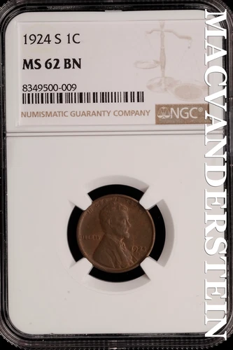 1924-S Lincoln Wheat Cent - NGC MS 62 BN - Scarce  No Reserve  #SLH82