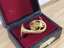 Miniature French Horn Gold Brass Metal Instrument with Case 1:12 Scale Dollhouse
