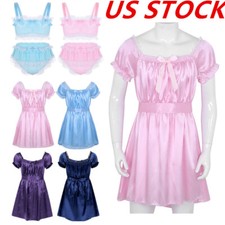 Mens Satin Frilly Crossdress Girly Sissy Dress Maid Costume Pajamas Nightwear