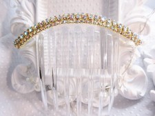 Triple Row Clear Aurora Borealis Austrian Crystal French Hair Comb gold tone