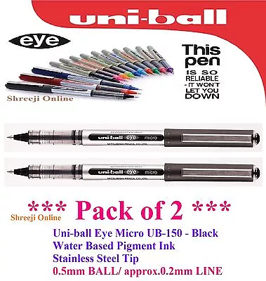 2 x Uni Ball Eye MICRO UB-150 Rollerball Pen ''BLACK'' Colour - 0.5mm TIP