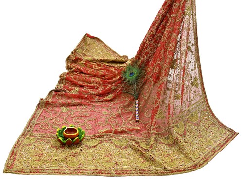 Vintage Heavy Bridal Dupatta Red Pure Chiffon Silk Long Stole Hand Embroidered - Picture 18 of 24
