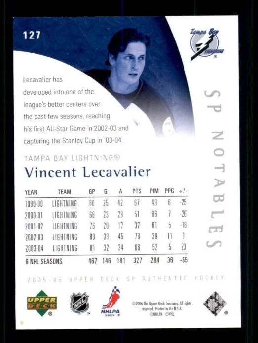 2005-06 SP Authentic #127 Vincent Lecavalier 995/999 - Image 2 of 2