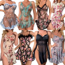 Floral Babydoll Nightgown Women Sexy Lingerie Lace Chemise Ruffle Sleepwear Gift