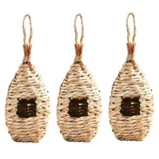 3 Packs Hummingbird Houses Natural Grass Hanging Bird Hut Hand Woven Nest